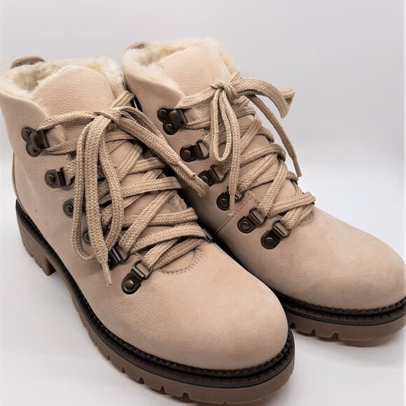 Beige Leather and Fur Lace Up Ankle Boots - Picture 3 of 7